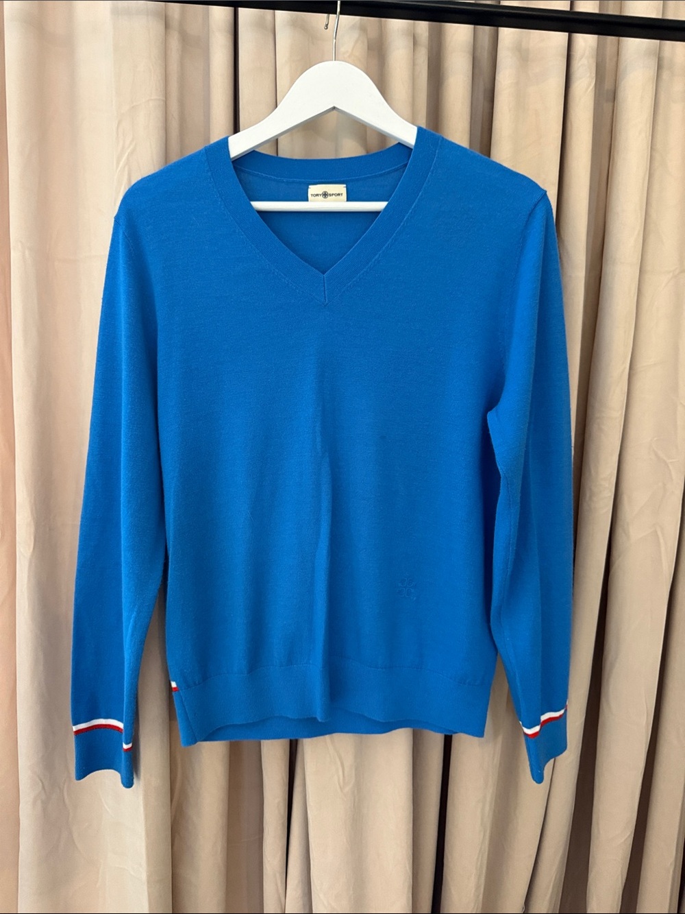 Tory Sport Women’s Bright Blue V-Neck Sweater with Red & White Cuff Trim